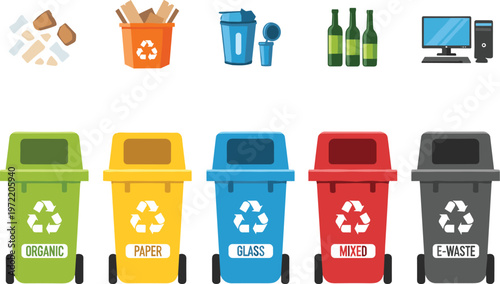 Recycling bins for waste sorting organic paper glass mixed and e-waste vector illustration set