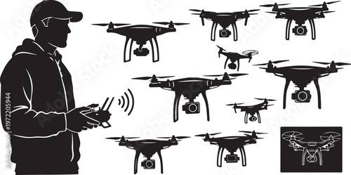 Man controlling multiple drones with remote controller in black silhouette style
