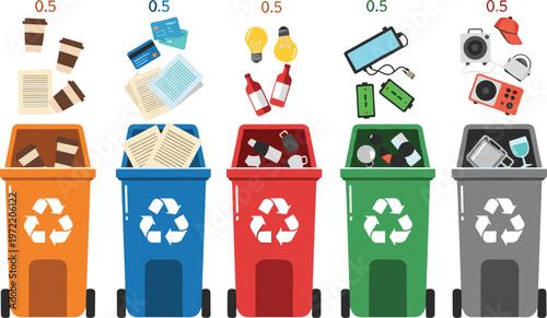 Waste sorting bins with paper plastic glass and electronic recycling vector illustration