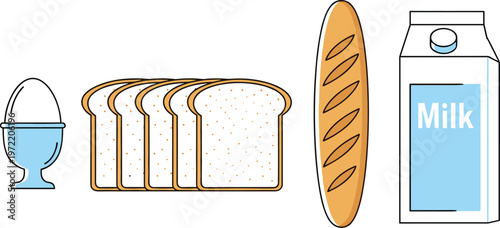 Breakfast food set with bread slices baguette milk carton and egg vector illustration