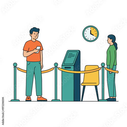 Man waits in line with woman at ticket machine with clock