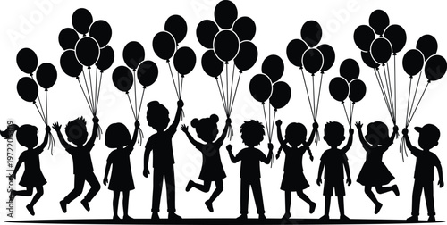Black Silhouette of Happy Children Jumping and Holding Bundles of Balloons for Birthday Party Celebration School Events and Joyful Childhood Themed Graphic Designs