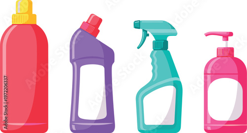 Cleaning product bottles set with spray detergent and liquid containers household vector illustration