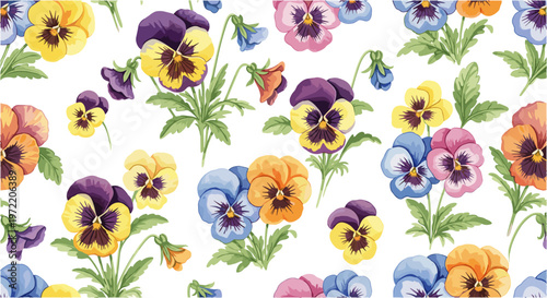 Seamless floral pattern with colorful pansy flowers and green leaves on a white background.