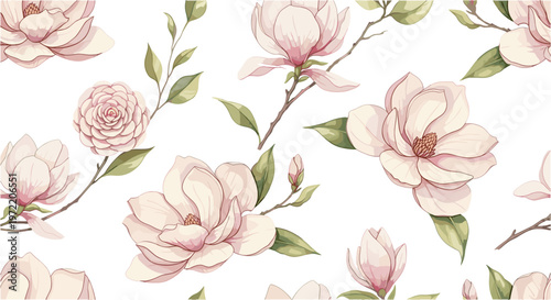 Seamless floral pattern with magnolia and camellia flowers and green leaves on white background.