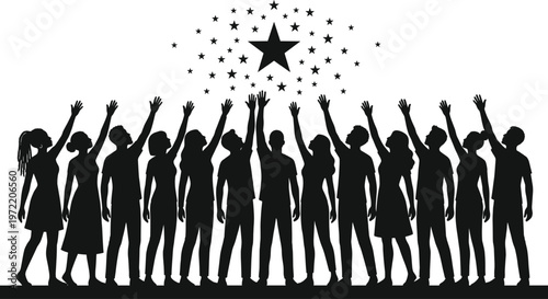 Black silhouette of people reaching for stars representing teamwork ambition dreams success goal achievement community together hope inspiration future leadership motivation community growth