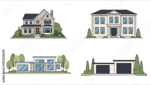 Set of architectural illustrations showing four different house designs ranging from traditional suburban to modern minimalist styles.