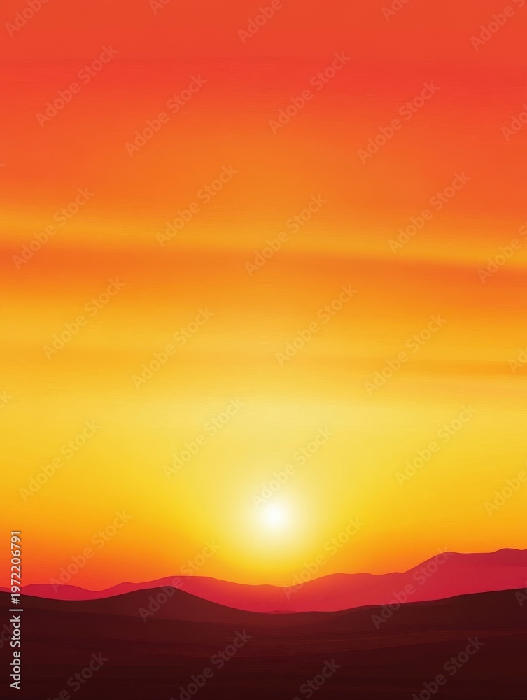 Obraz premium An intense sunset paints the sky in vibrant shades of orange over silhouettes of rolling hills