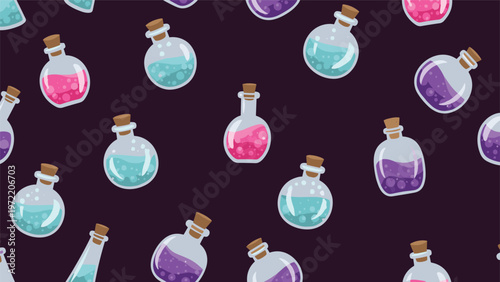 Magical seamless pattern of various glass potion bottles filled with colorful liquids like pink, blue, and purple for fantasy themes.