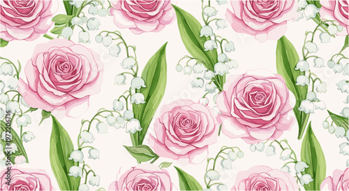 Seamless floral pattern with pink roses and lily of the valley flowers and green leaves.