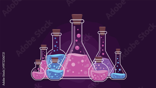 Group of various glass lab flasks and potion bottles filled with glowing pink, purple, and blue liquids against a dark background.