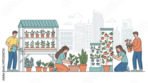 Urban gardening concept with people planting and watering vegetables in a modern city rooftop farm with skyscrapers in the background.