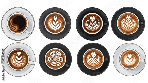 Top-down view of eight different cups of espresso and cappuccino featuring various intricate latte art designs on white and black saucers.