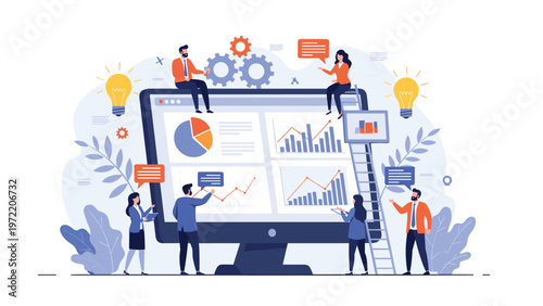 Business data dashboard concept with professionals analyzing graphs and charts on a large computer screen with gears and ideas.