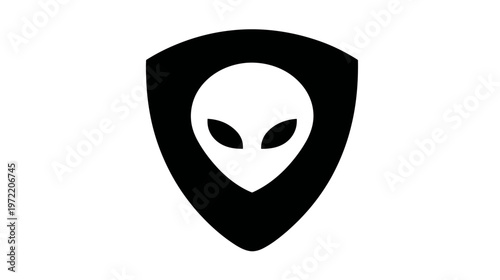 A symmetrical black shield featuring an alien head, with oval eyes and smooth face. Background is white