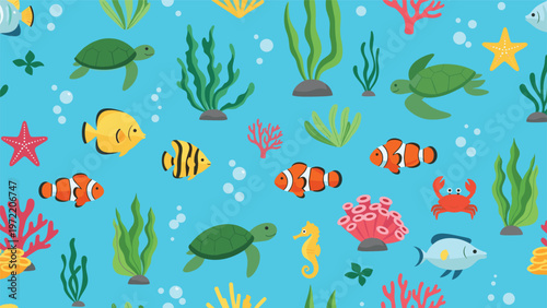 Vibrant underwater scene pattern featuring sea turtles, colorful tropical fish, crabs, seahorses, and bright coral reefs on blue.