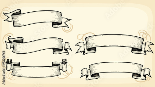 Collection of vintage-style banner ribbons with curled ends and a textured parchment look for headings and decorative text labels.