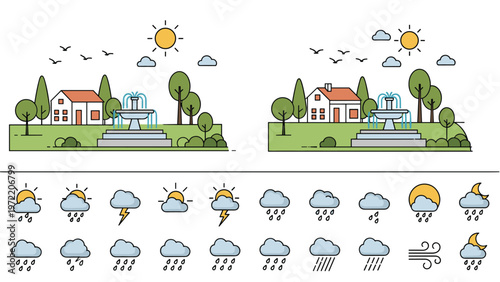 Comprehensive set of weather forecast icons and scenes showing different conditions over a suburban landscape with a house and a fountain.