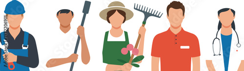 Flat minimalist illustration of five professions including mechanic construction worker gardener retail and medical staff vector design