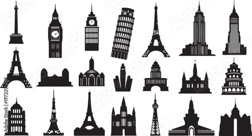 Famous landmarks and monuments from around the world in silhouette