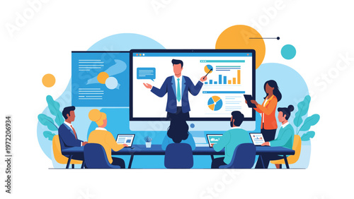 Corporate team members attending a virtual business presentation on a large computer screen featuring charts and data analysis infographics.