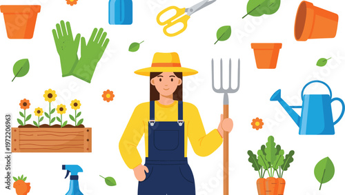 Female gardener with tools and plants set gardening concept vector illustration