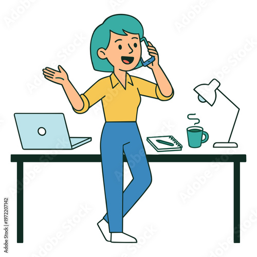 A woman enthusiastically talks on the phone at her office desk with a laptop and coffee.