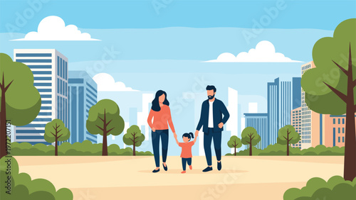 Happy family of three walking hand in hand through a green city park with high-rise urban buildings and trees in the background illustration.