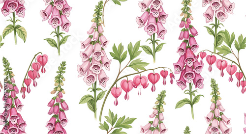 Seamless pattern of pink foxglove and bleeding heart flowers with green leaves, botanical garden background.