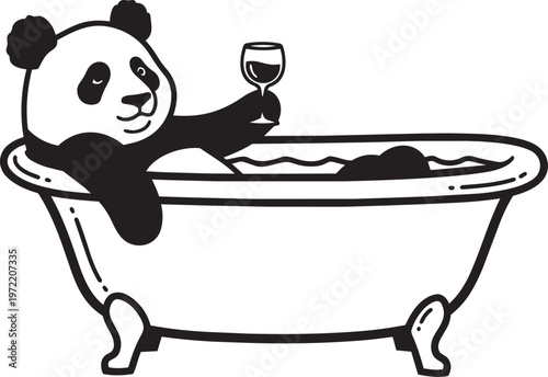 Silhouette cartoon panda bathtub spa with wine glass bubbles black white relaxing cute design