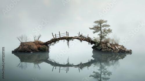 Minimalist Rustic Bridge Spanning Rocky Islets Reflecting In Calm Foggy Lake
