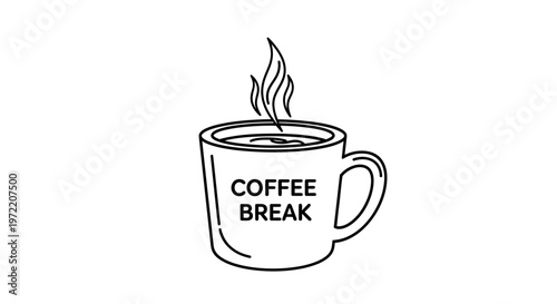 A black and white line drawing of a hot cup of coffee, with steam rising, and the words \"COFFEE BREAK\" inscribed on its side