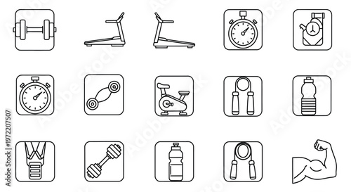 Fitness equipment icons dumbbells treadmills timers and more illustrated in black lines