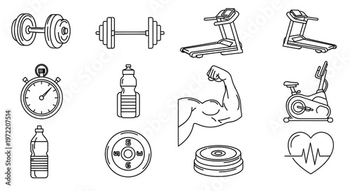 Fitness equipment and health icons in a simple black and white line art style
