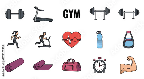 Fitness icons depicting gym equipment exercise and health related items