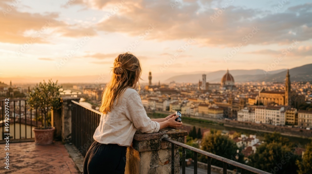 Fototapeta premium Traveler observing a European city sunset from a rooftop terrace. Warm golden hour lighting with negative space in the sky, perfect for urban tourism and lifestyle design.