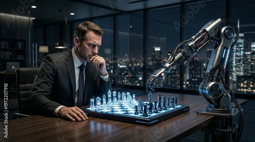 Businessman and AI robot in tense corporate chess stalemate