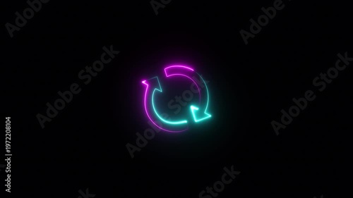 Recycle symbol glowing neon blue light, Circular arrow head rotating animation asset in alpha channel. 