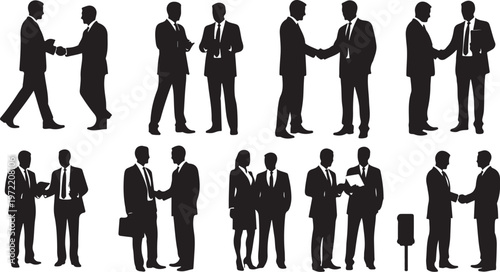 Business professionals shaking hands in various formal poses and settings silhouettes