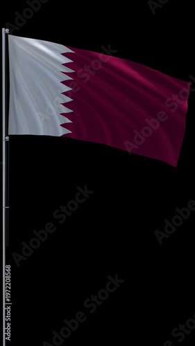 Qatar flag waving on metal flagpole, vertical video with transparent background and alpha channel, seamless loop 3D rendering 4K