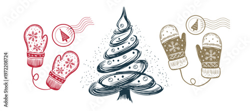 Christmas trees, mittens, set on white	
