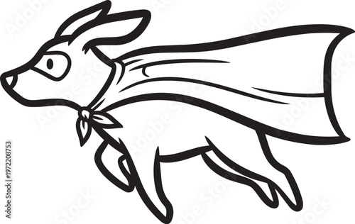 Silhouette cartoon dog superhero flying with cape mask black white playful brave cute design