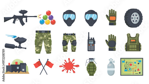 Pixel art icon set for a paintball game including guns, masks, protective vests, grenades, flags, and tactical gear for enthusiasts.
