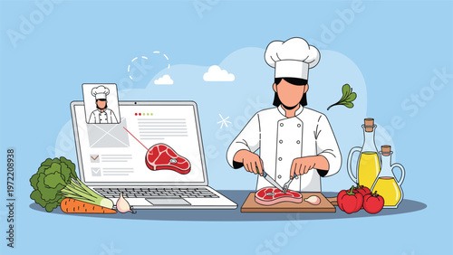 Professional chef demonstrating meat preparation on a wooden board for an online cooking class presented on a laptop screen with fresh vegetables.
