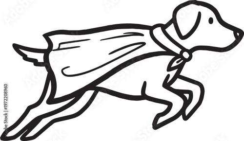 Silhouette cartoon dog superhero running with cape black white playful brave cute design
