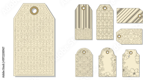Decorative collection of vintage-inspired gift tags featuring elegant floral and geometric patterns for crafts and personalized gift packaging.