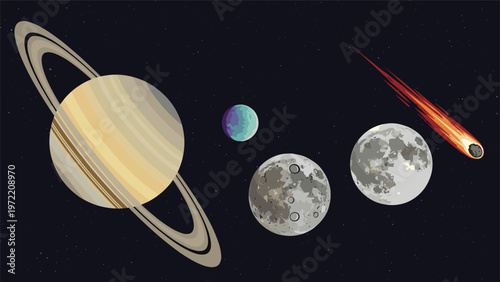 Space-themed illustration featuring planets like Saturn and the Moon with a blazing comet streaking across the dark starry night sky background.