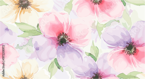 Seamless pattern with watercolor poppies, hand drawn floral background, delicate spring flowers.