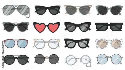 Large icon set of various eyewear including classic sunglasses, reading glasses, heart-shaped frames, and retro aviators for fashion design.