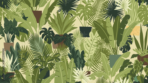 Dense seamless pattern featuring various tropical green house plants in decorative pots creating a lush botanical indoor jungle wallpaper design.